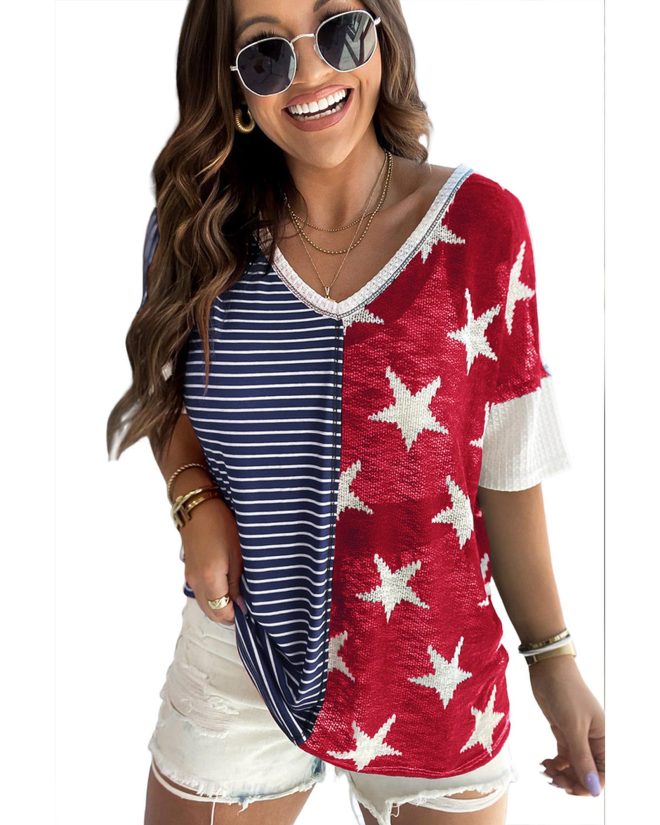 Azura Exchange Stripes Stars Print Knit Short Sleeves Top – L