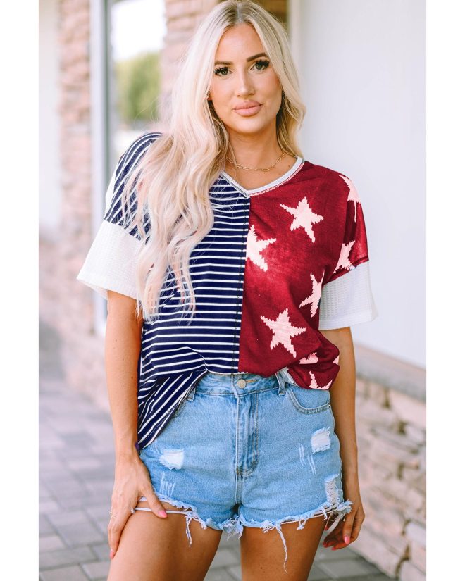 Azura Exchange Stripes Stars Print Knit Short Sleeves Top – L