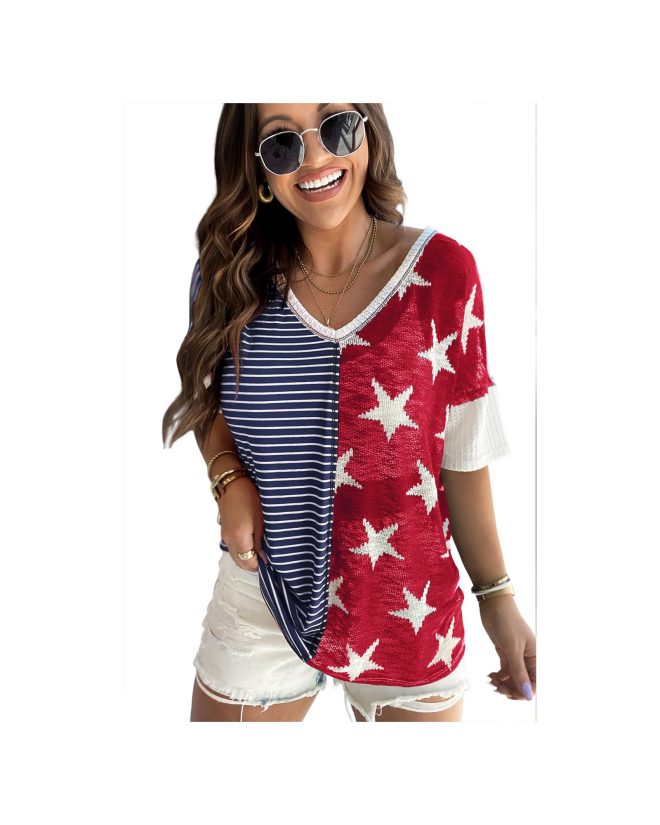 Azura Exchange Stripes Stars Print Knit Short Sleeves Top – L