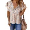 Azura Exchange Crisscross V Neck Ruffle Sleeve Printed Flowy Blouse – L