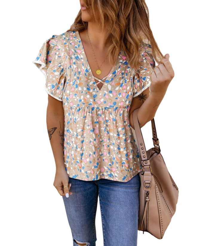 Azura Exchange Crisscross V Neck Ruffle Sleeve Printed Flowy Blouse – L