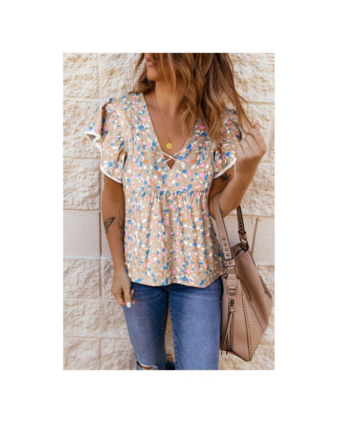 Azura Exchange Crisscross V Neck Ruffle Sleeve Printed Flowy Blouse – L