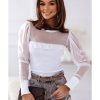 Azura Exchange Mesh Patchwork Ribbed Long Sleeve Top with Pearl Accents – L