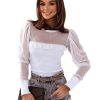 Azura Exchange Mesh Patchwork Ribbed Long Sleeve Top with Pearl Accents – L