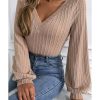 Azura Exchange Knitted Jacquard V Neck Lantern Sleeve Top – L