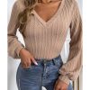 Azura Exchange Knitted Jacquard V Neck Lantern Sleeve Top – L