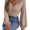 Azura Exchange Knitted Jacquard V Neck Lantern Sleeve Top – L