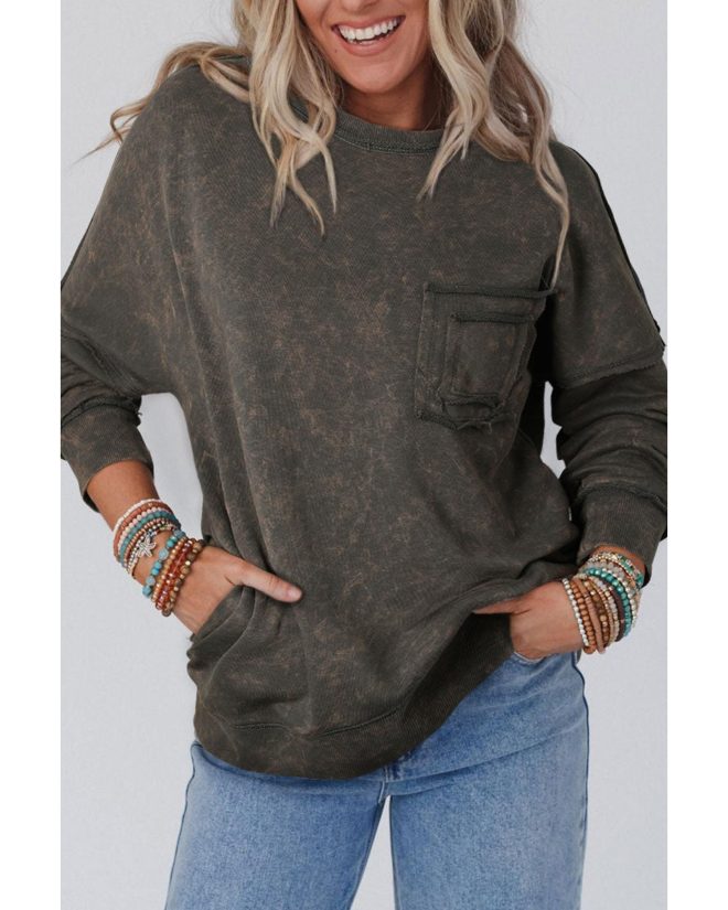 Azura Exchange Acid Wash Drop Shoulder Long Sleeve Sweatshirt with Pockets – L