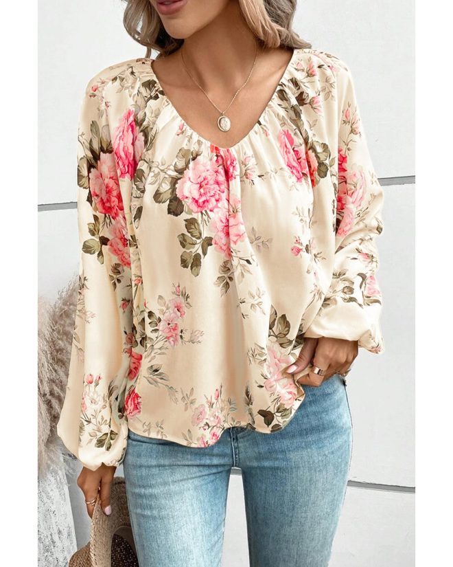 Azura Exchange Floral Print V-Neck Lantern Sleeve Blouse – 2XL