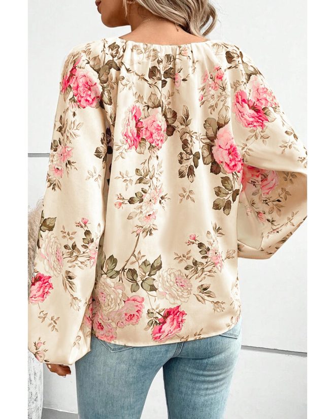 Azura Exchange Floral Print V-Neck Lantern Sleeve Blouse – 2XL