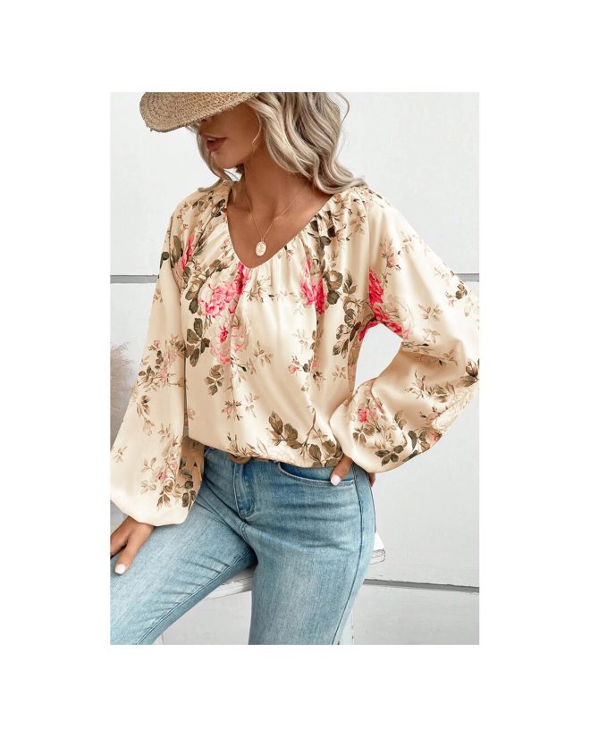 Azura Exchange Floral Print V-Neck Lantern Sleeve Blouse – 2XL