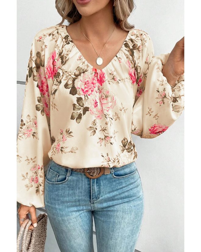 Azura Exchange Floral Print V-Neck Lantern Sleeve Blouse – 2XL