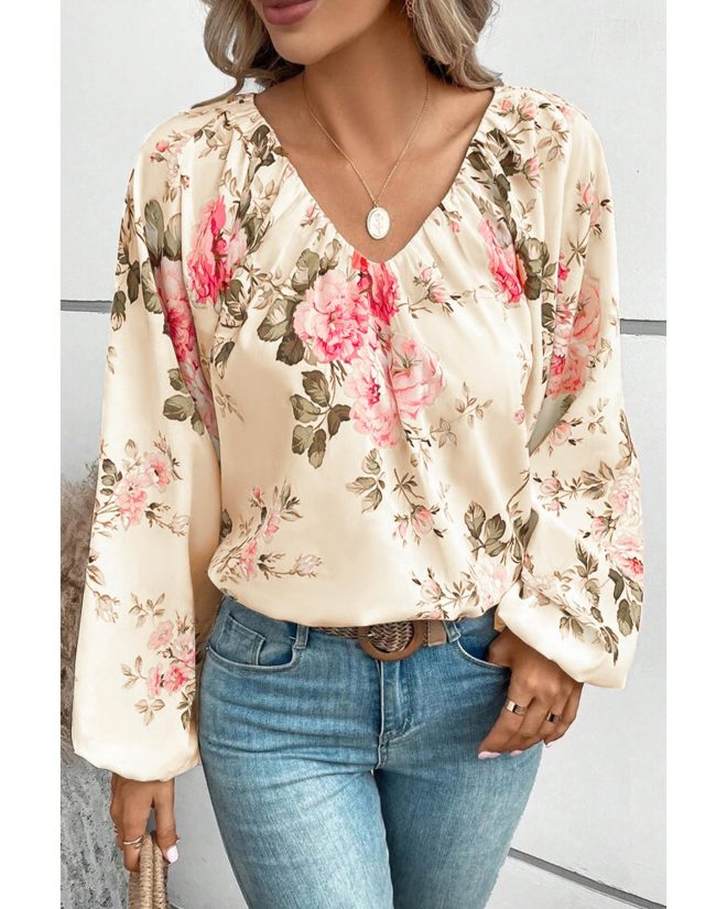 Azura Exchange Floral Print V-Neck Lantern Sleeve Blouse – 2XL