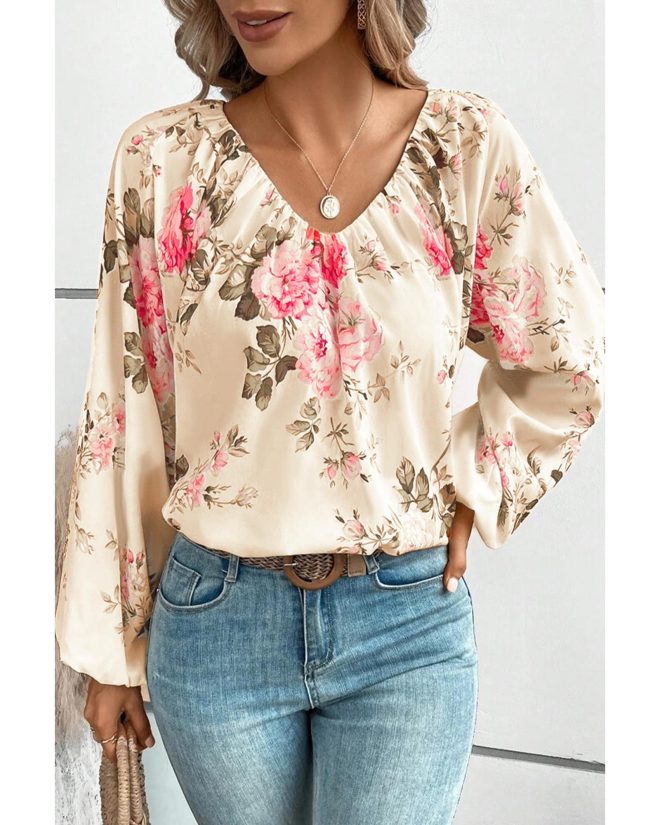 Azura Exchange Floral Print V-Neck Lantern Sleeve Blouse – 2XL