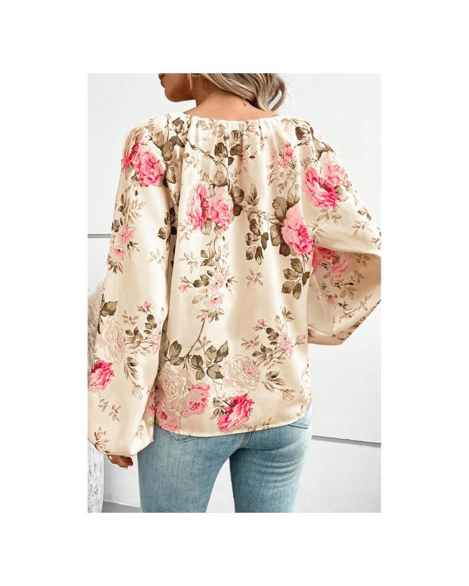 Azura Exchange Floral Print V-Neck Lantern Sleeve Blouse – 2XL