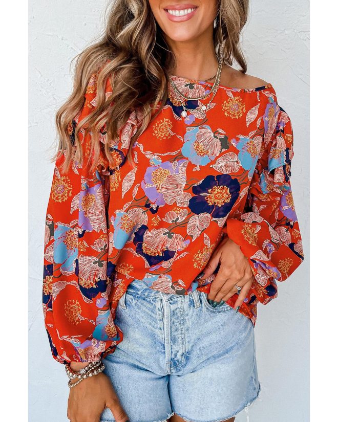 Azura Exchange Floral Print Ruffle Puff Sleeve Blouse – L