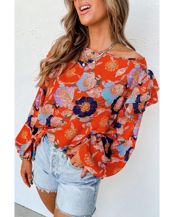 Azura Exchange Floral Print Ruffle Puff Sleeve Blouse – L