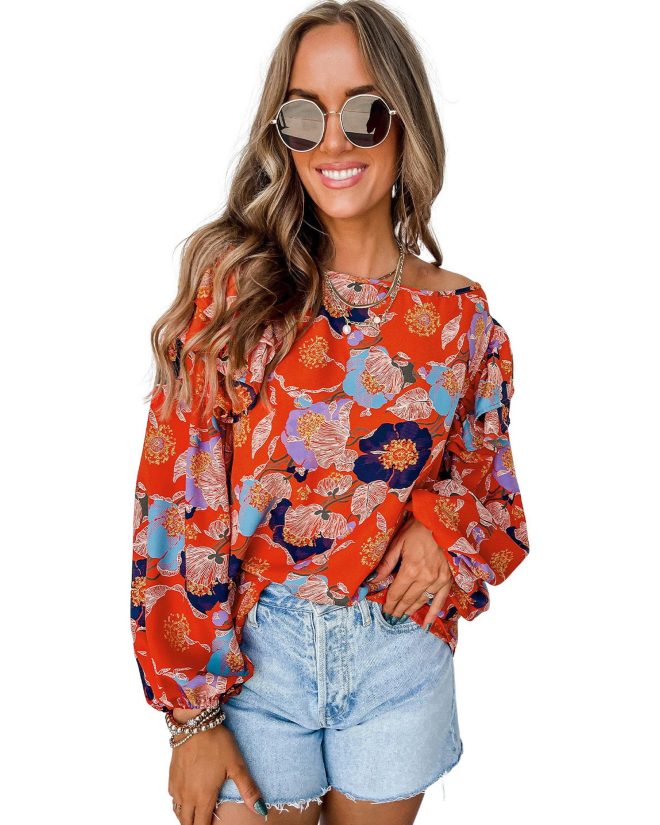 Azura Exchange Floral Print Ruffle Puff Sleeve Blouse – L