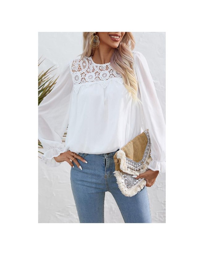 Azura Exchange Lace Patch Sheer Flounce Sleeve Blouse – L