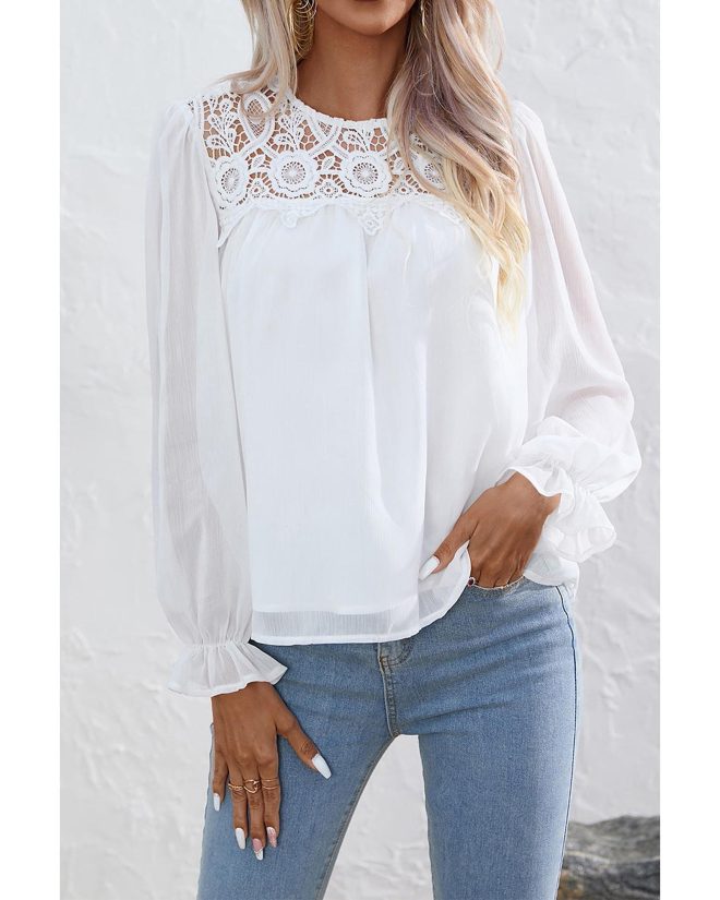 Azura Exchange Lace Patch Sheer Flounce Sleeve Blouse – L