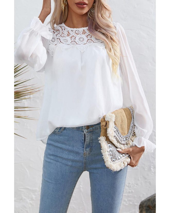 Azura Exchange Lace Patch Sheer Flounce Sleeve Blouse – L