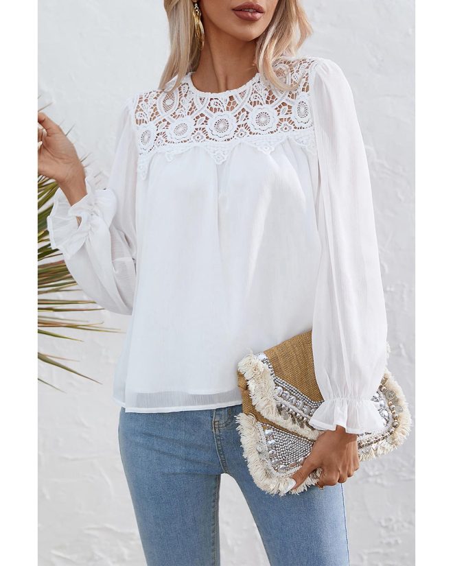 Azura Exchange Lace Patch Sheer Flounce Sleeve Blouse – L