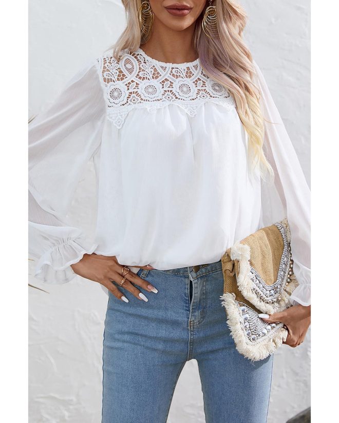 Azura Exchange Lace Patch Sheer Flounce Sleeve Blouse – L