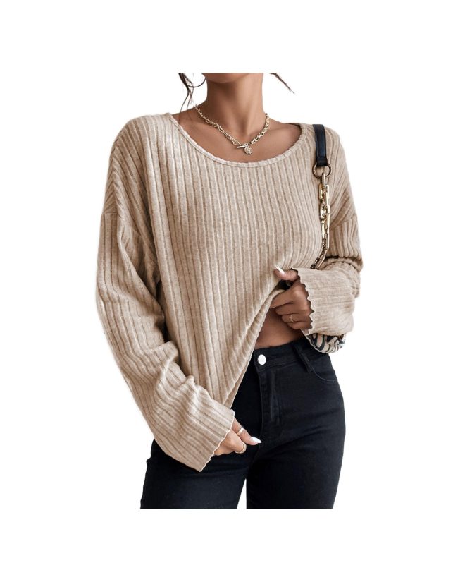 Azura Exchange Beige Drop Shoulder Loose Ribbed Knit Top – L