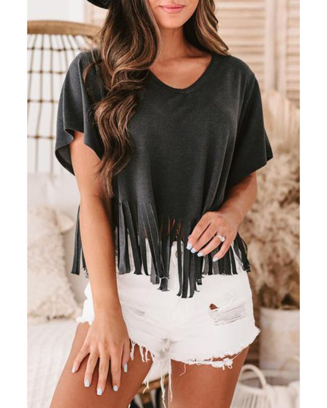 Azura Exchange Fringe Hem V Neck T Shirt – L