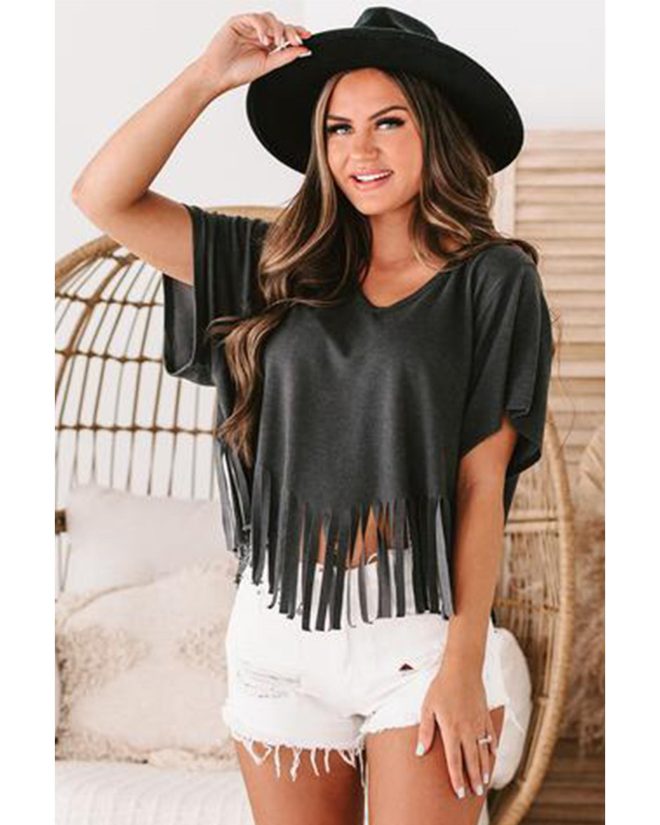 Azura Exchange Fringe Hem V Neck T Shirt – L