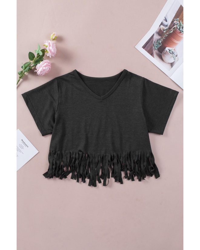 Azura Exchange Fringe Hem V Neck T Shirt – L