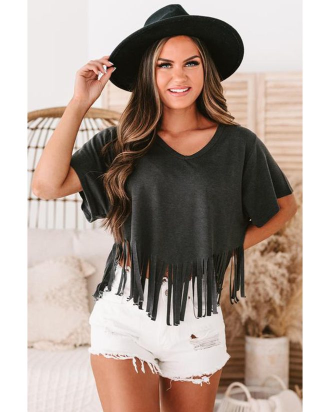 Azura Exchange Fringe Hem V Neck T Shirt – L