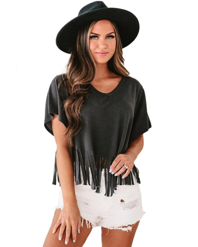 Azura Exchange Fringe Hem V Neck T Shirt – L