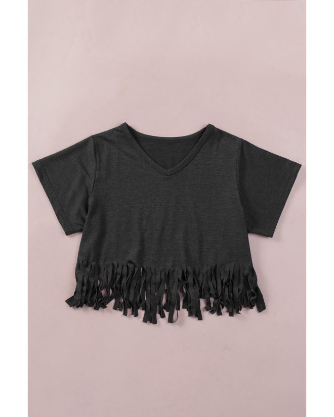 Azura Exchange Fringe Hem V Neck T Shirt – L