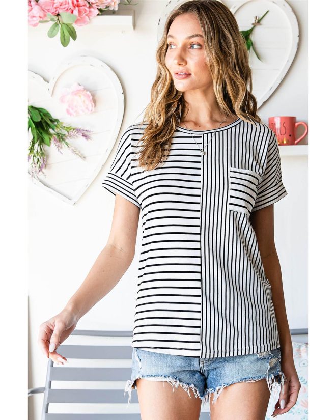 Azura Exchange Striped Print Chest Pocket T-Shirt – L