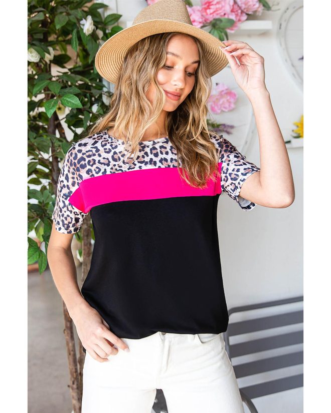 Azura Exchange Leopard Colorblock Splicing T-shirt – L