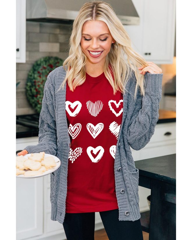 Azura Exchange Heart Glitter Flocking Pattern Valentines Graphic Tee – S