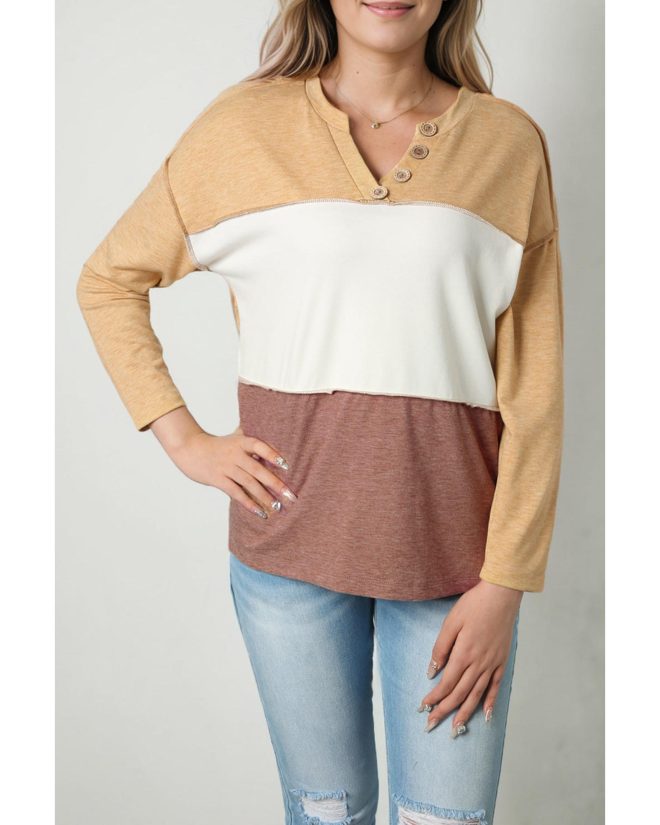 Azura Exchange Split V Neck Color Block Henley Top – L