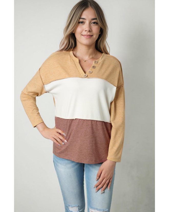 Azura Exchange Split V Neck Color Block Henley Top – L