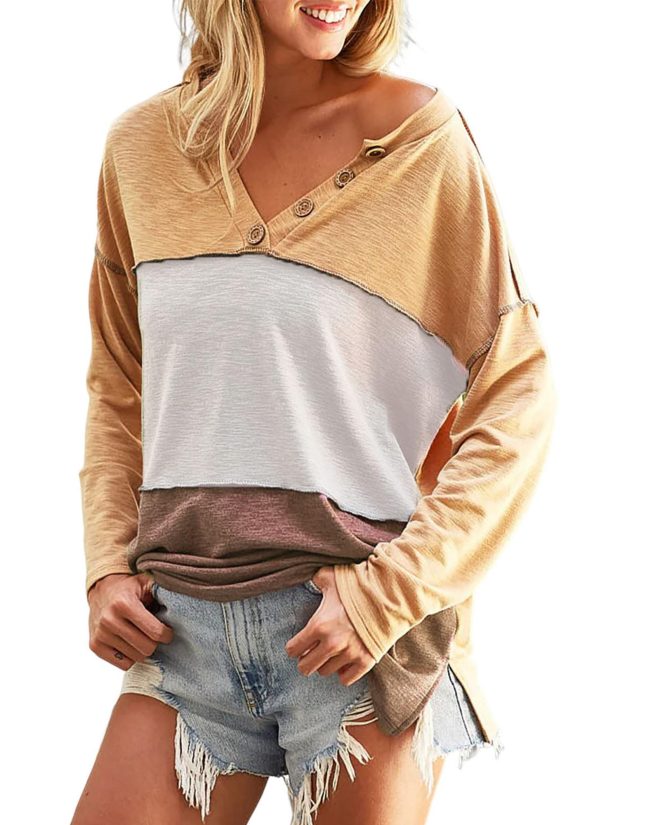 Azura Exchange Split V Neck Color Block Henley Top – L