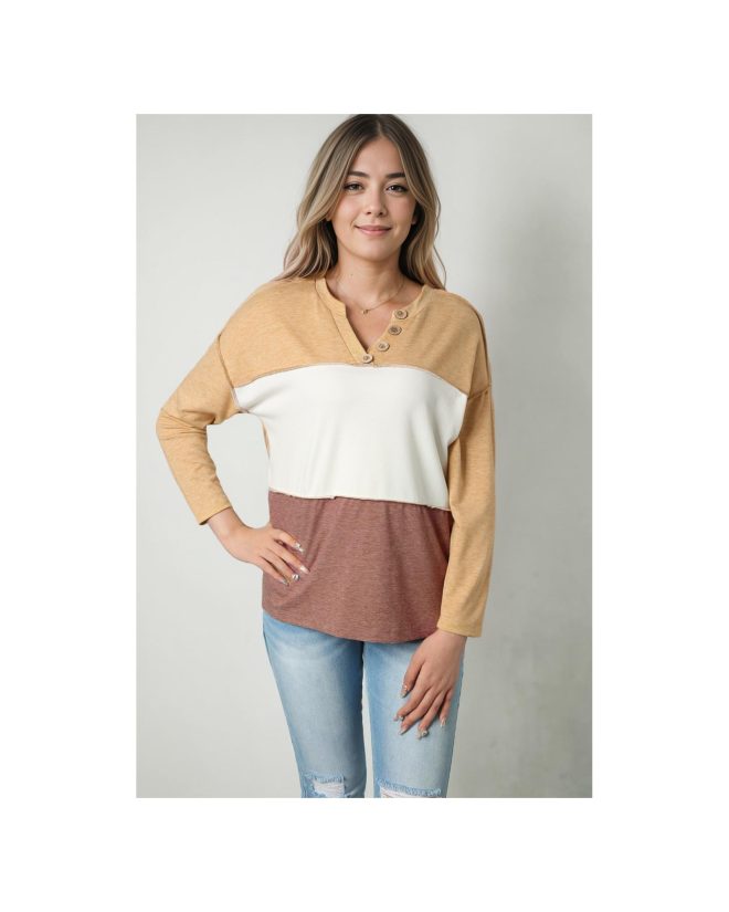 Azura Exchange Split V Neck Color Block Henley Top – L