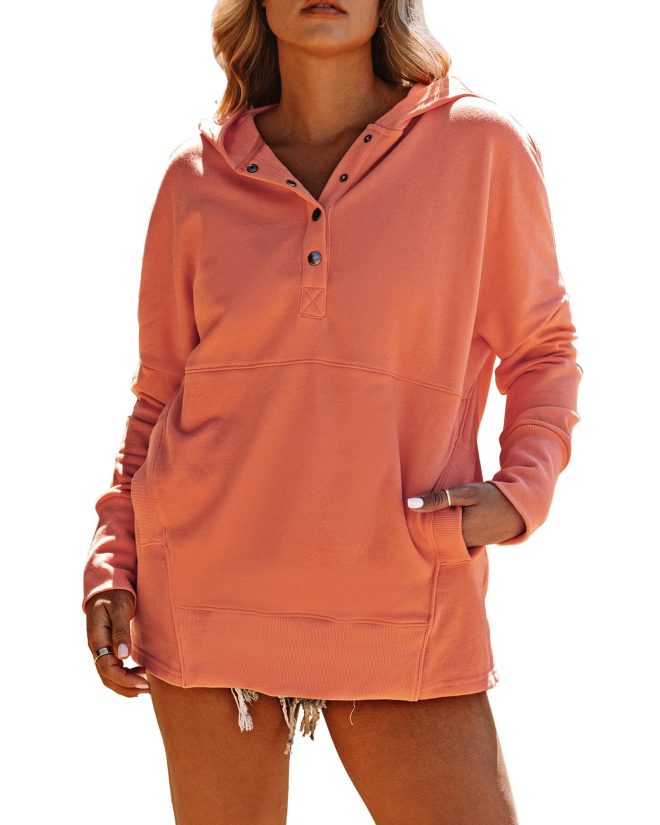 Azura Exchange Batwing Sleeve Pocketed Henley Hoodie – L