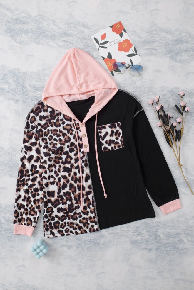 Azura Exchange Leopard Patchwork Hooded Sweatshirt – L