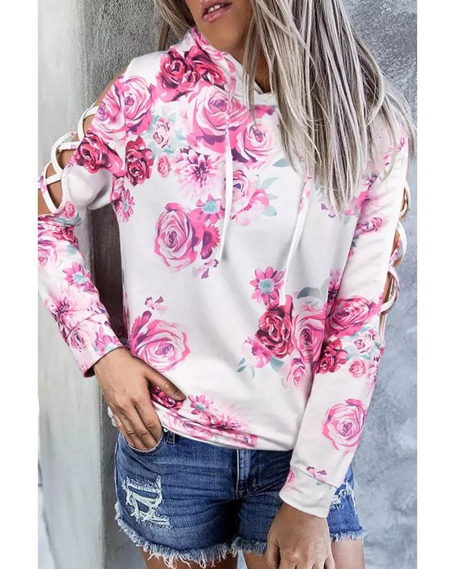 Azura Exchange Floral Print Cold Shoulder Hoodie – L