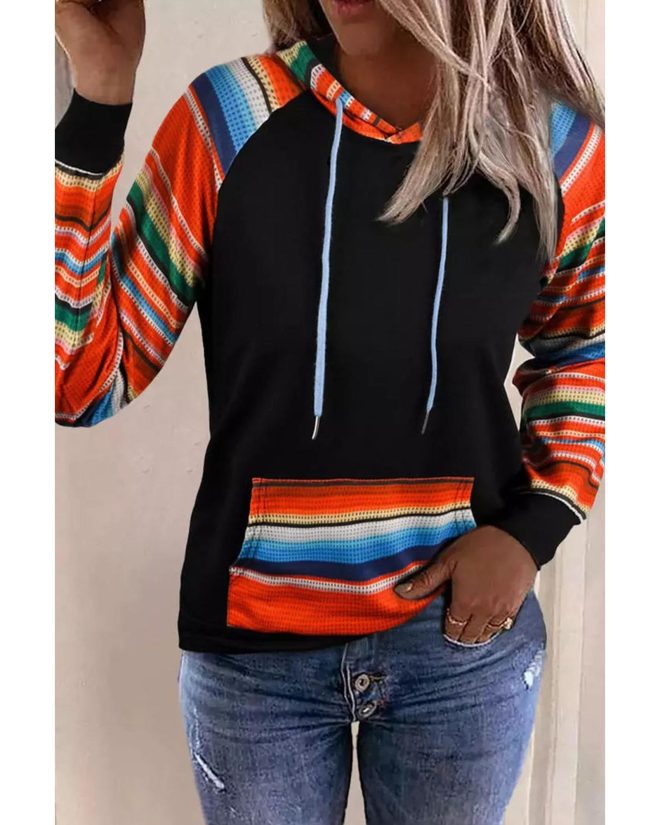 Azura Exchange Striped Patchwork Kangaroo Pocket Hoodie – L