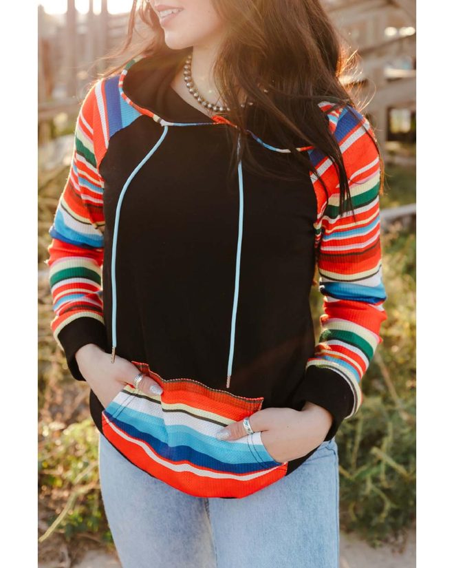 Azura Exchange Striped Patchwork Kangaroo Pocket Hoodie – L