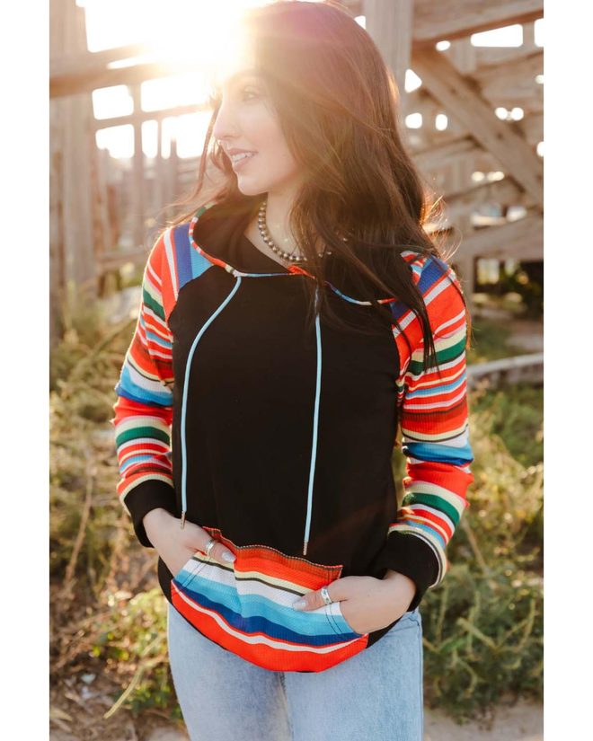 Azura Exchange Striped Patchwork Kangaroo Pocket Hoodie – L