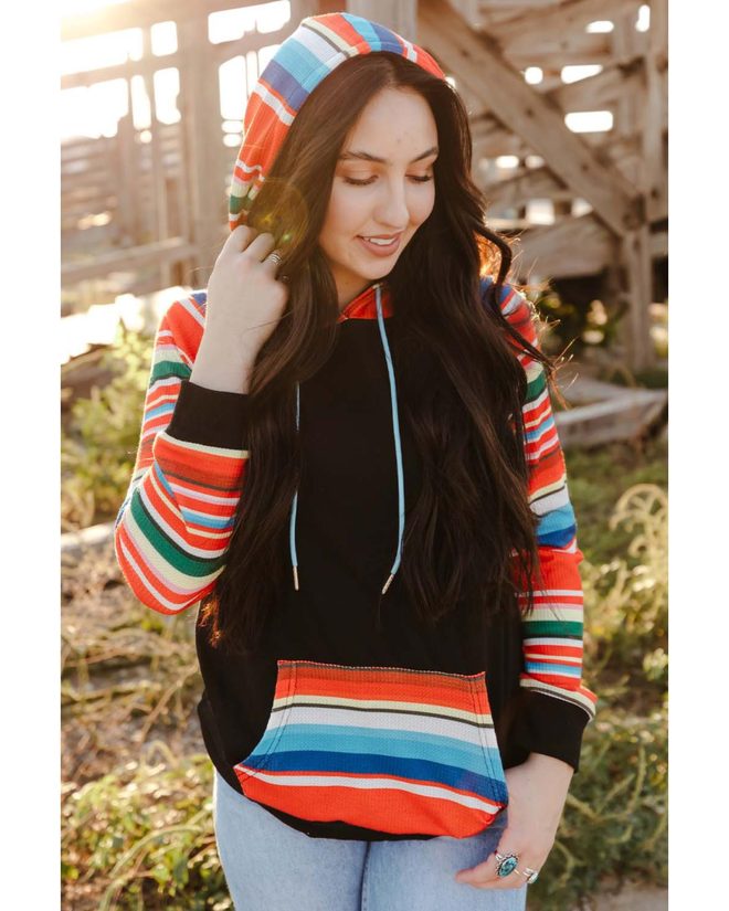 Azura Exchange Striped Patchwork Kangaroo Pocket Hoodie – L