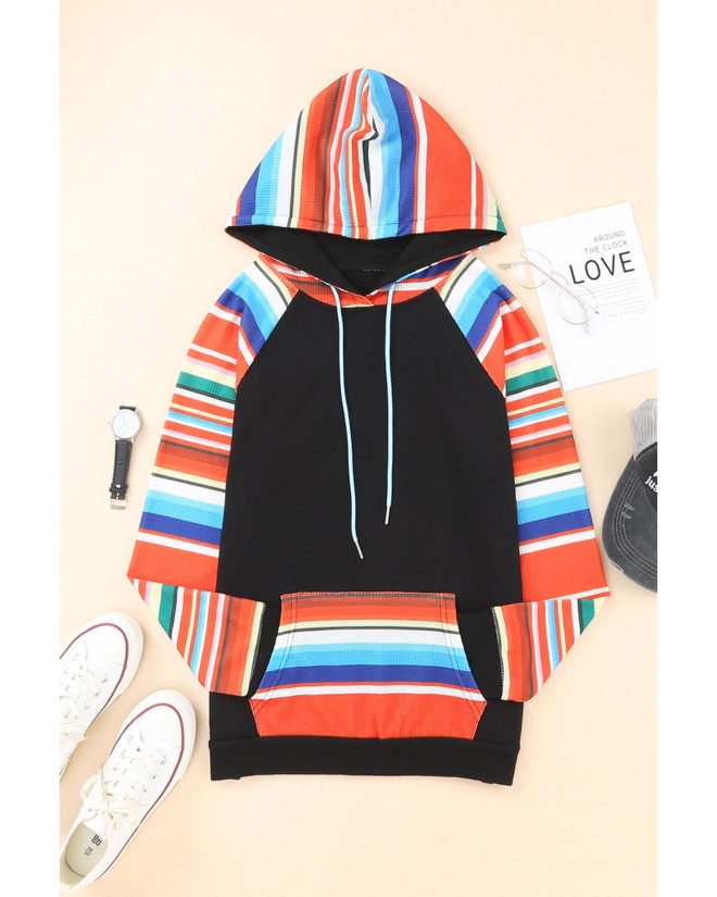 Azura Exchange Striped Patchwork Kangaroo Pocket Hoodie – L