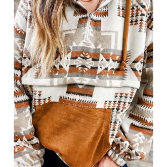 Azura Exchange Beige Aztec Print Half-Zip Hoodie with Kangaroo Pocket